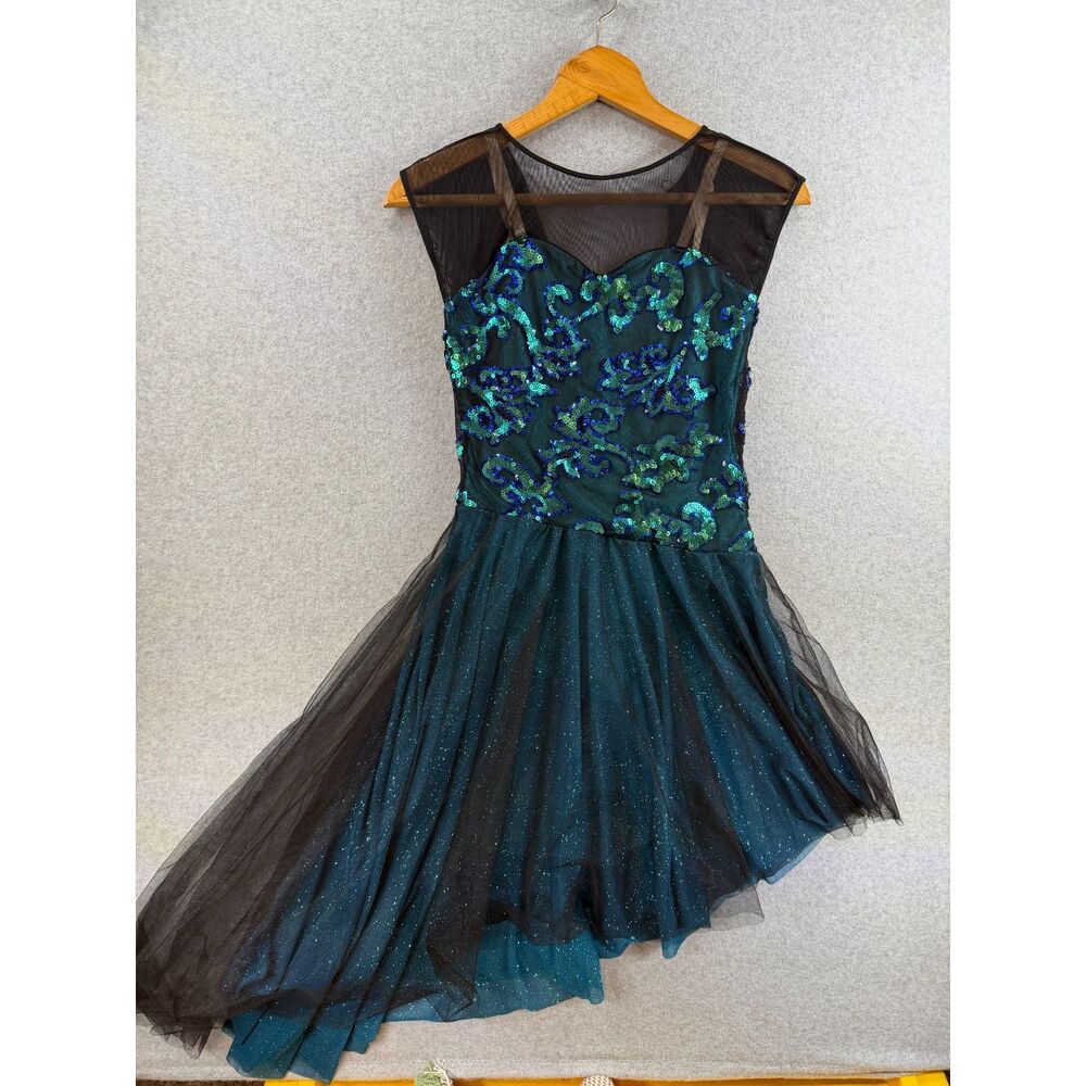 Revolution Dancewear Dark Teal Black Sequin Mesh Dance Costume Dress SA 3404
